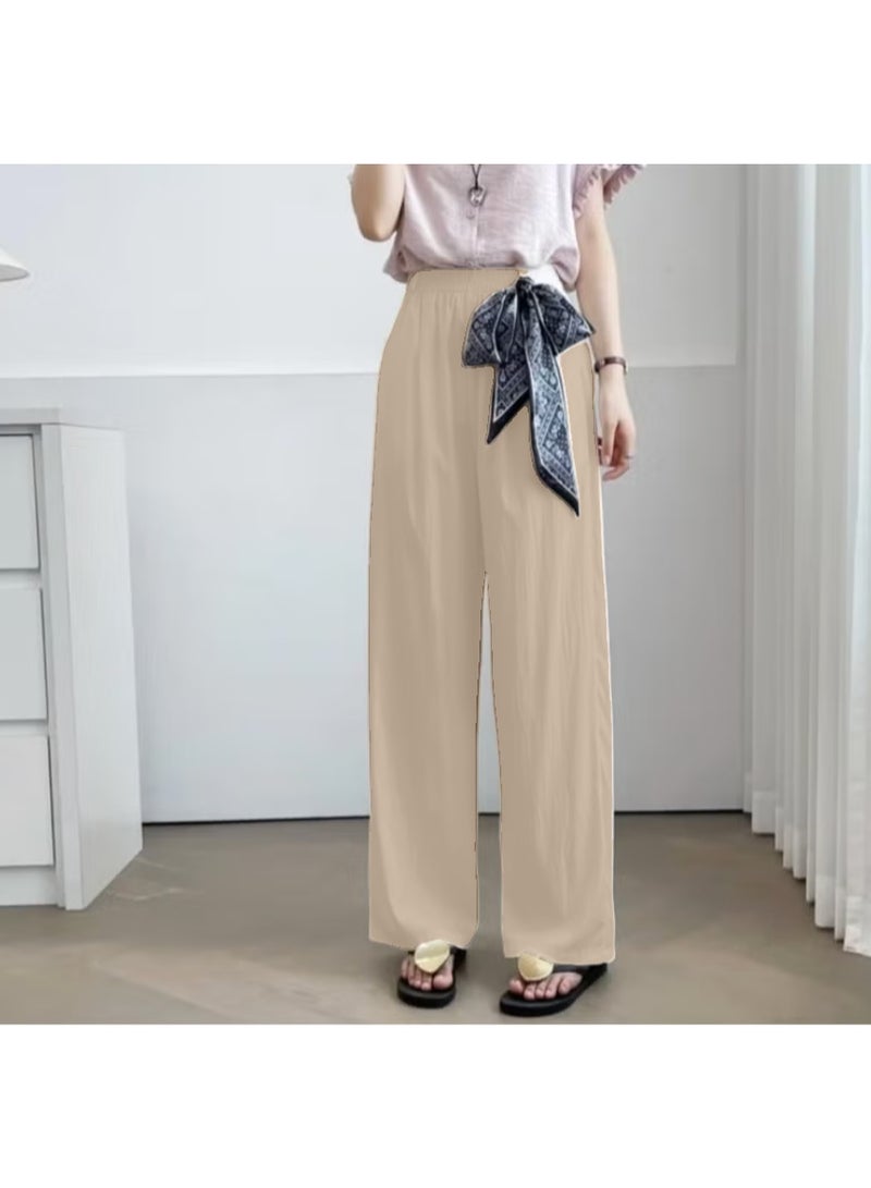 بنطلون بالازو واسع الساقين بمقاس حر، مزود بحزام خصر مطاطي وحزام وشاح مزخرف للنساء - Image 2